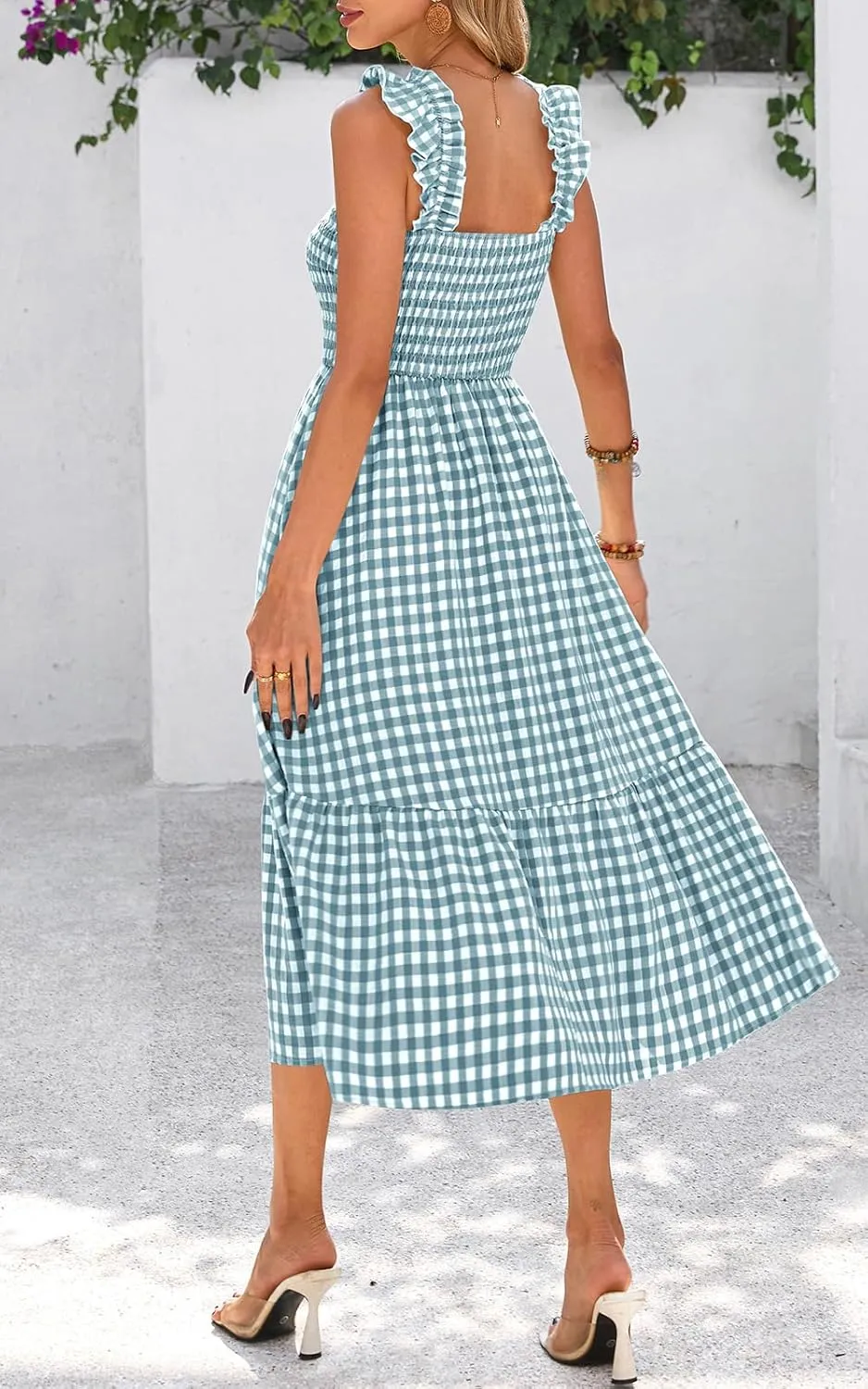 PRETTYGARDEN Womens Summer Dress Casual Square Neck Ruffle Strap Gingham Smocked Midi Flowy A Line Beach Vacation Sun Dresses