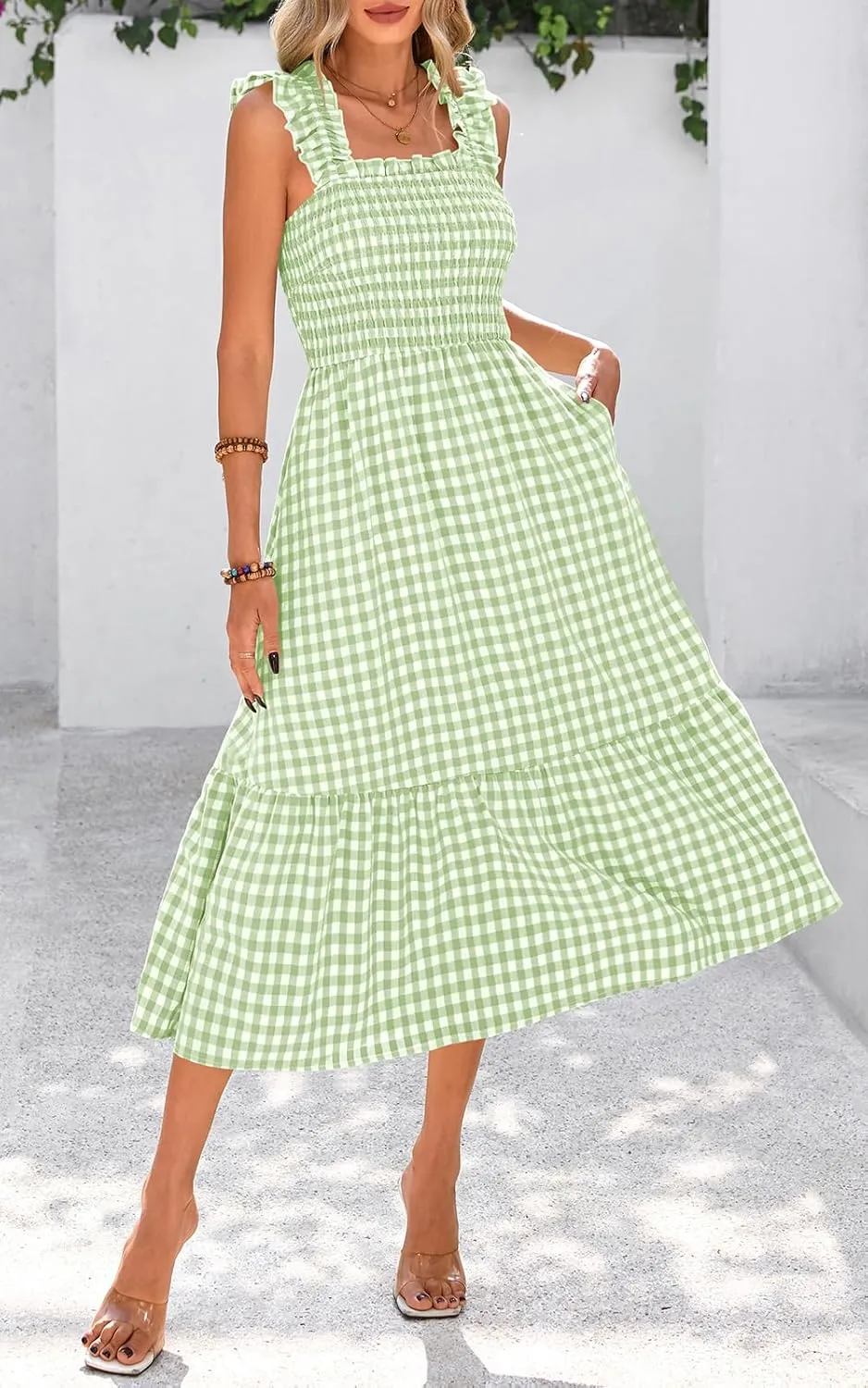 PRETTYGARDEN Womens Summer Dress Casual Square Neck Ruffle Strap Gingham Smocked Midi Flowy A Line Beach Vacation Sun Dresses