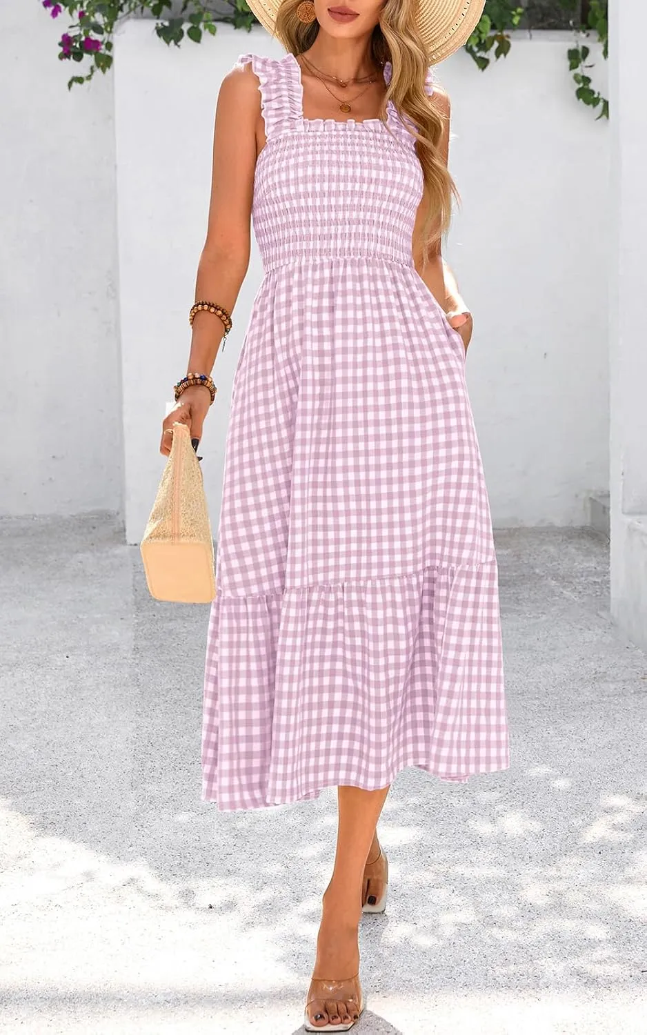 PRETTYGARDEN Womens Summer Dress Casual Square Neck Ruffle Strap Gingham Smocked Midi Flowy A Line Beach Vacation Sun Dresses