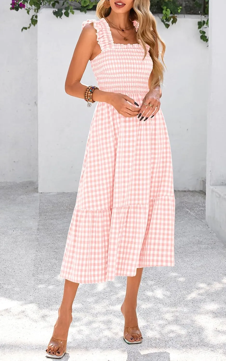PRETTYGARDEN Womens Summer Dress Casual Square Neck Ruffle Strap Gingham Smocked Midi Flowy A Line Beach Vacation Sun Dresses