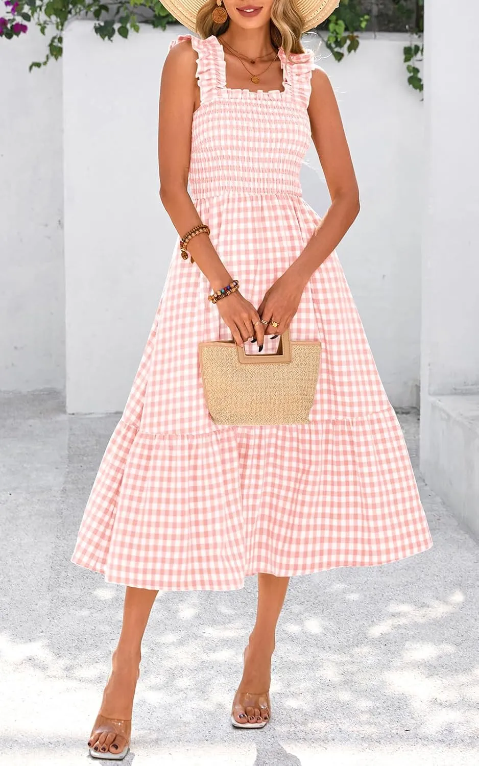 PRETTYGARDEN Womens Summer Dress Casual Square Neck Ruffle Strap Gingham Smocked Midi Flowy A Line Beach Vacation Sun Dresses