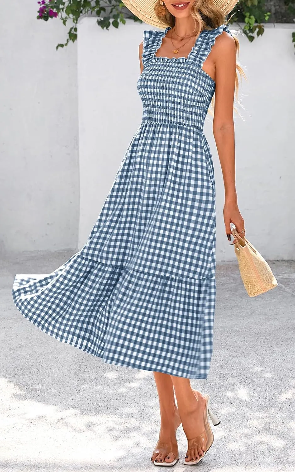 PRETTYGARDEN Womens Summer Dress Casual Square Neck Ruffle Strap Gingham Smocked Midi Flowy A Line Beach Vacation Sun Dresses