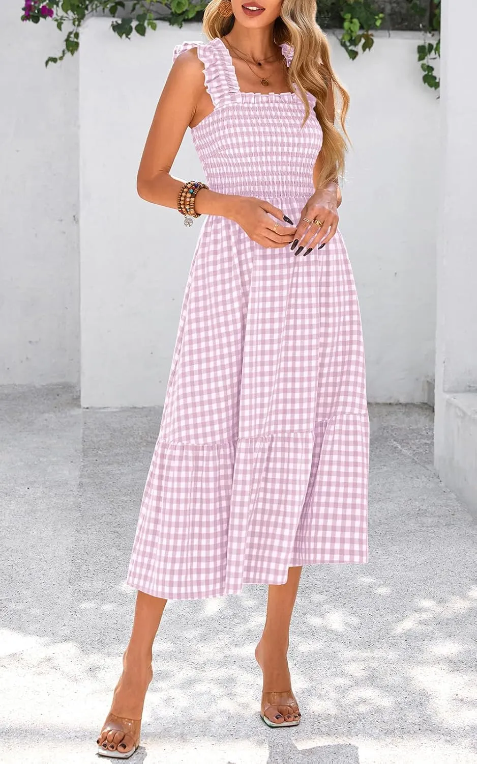 PRETTYGARDEN Womens Summer Dress Casual Square Neck Ruffle Strap Gingham Smocked Midi Flowy A Line Beach Vacation Sun Dresses
