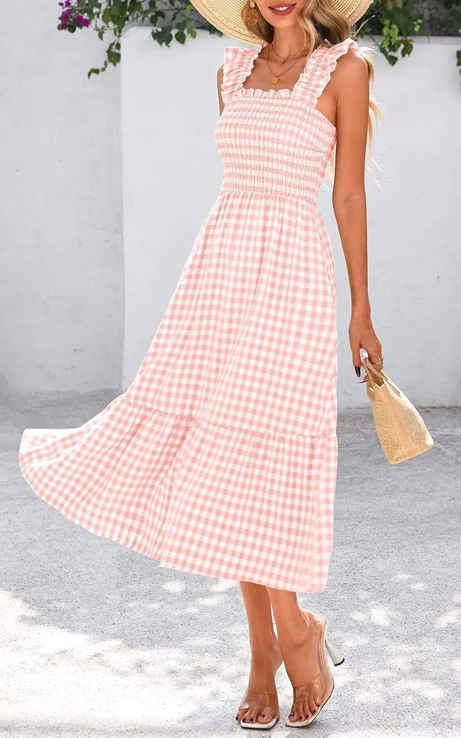 PRETTYGARDEN Womens Summer Dress Casual Square Neck Ruffle Strap Gingham Smocked Midi Flowy A Line Beach Vacation Sun Dresses