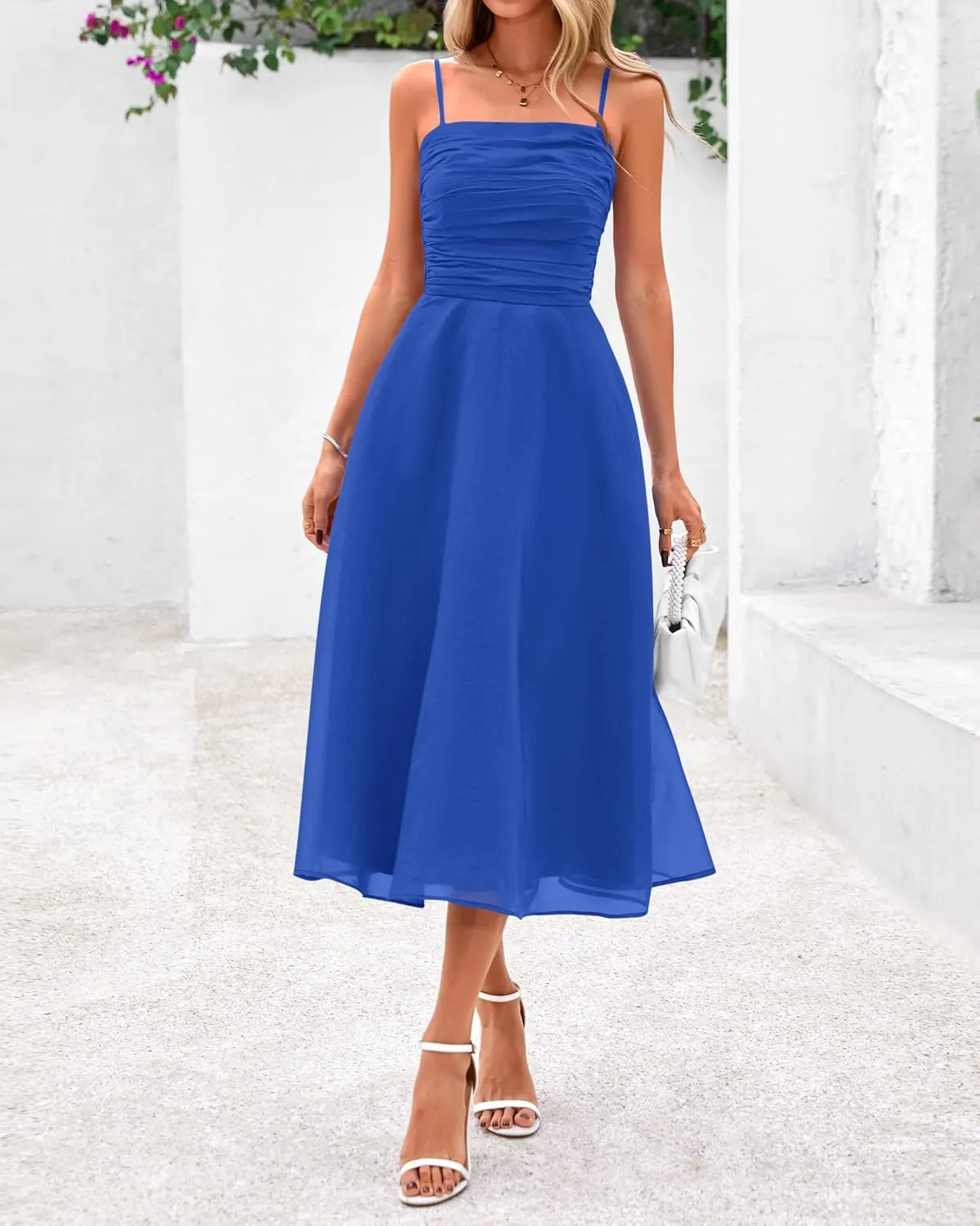 PRETTYGARDEN Womens Summer Dresses 2025 Spaghetti Strap Sleeveless Smocked Flowy Midi Wedding Guest Dress with Pockets