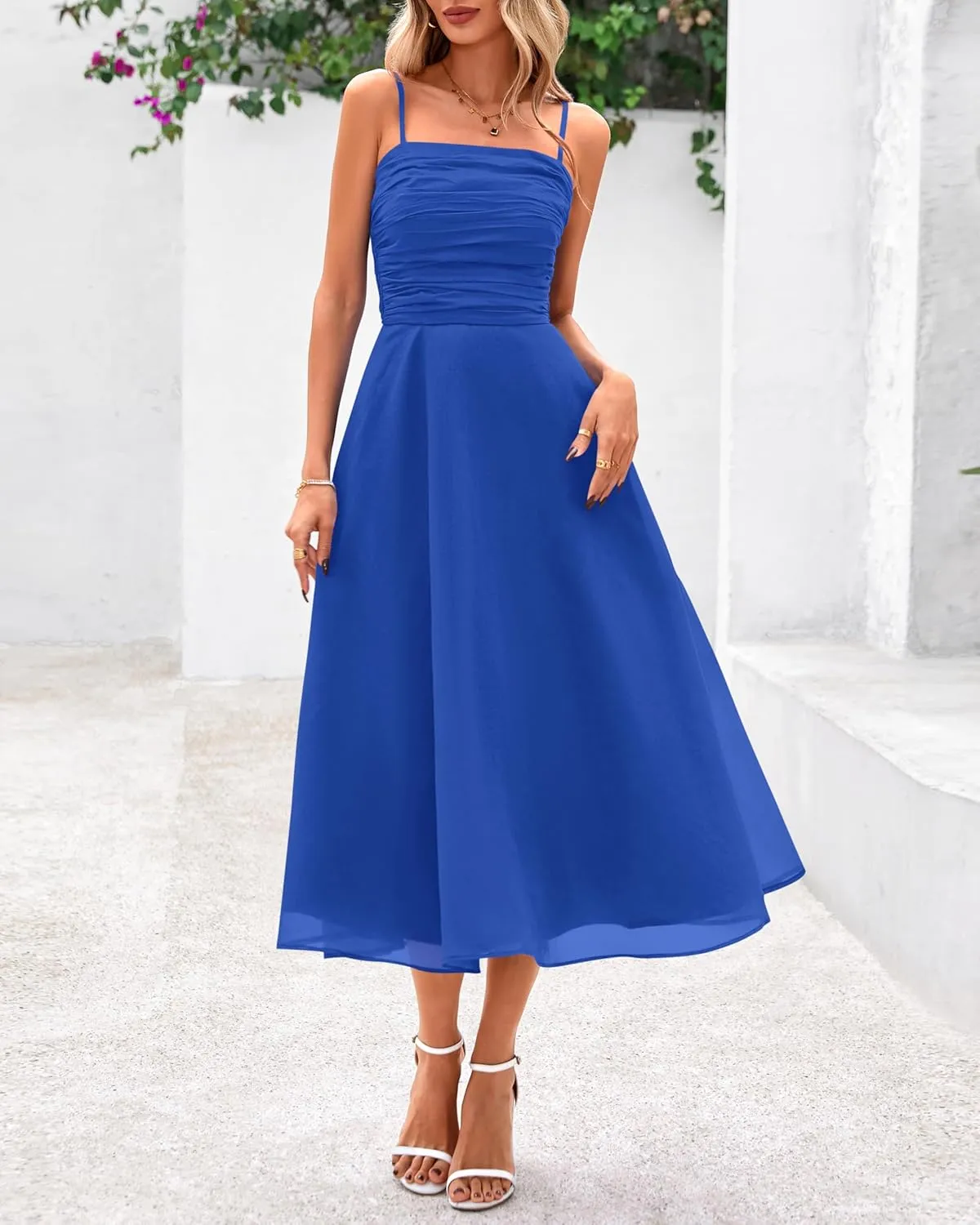 PRETTYGARDEN Womens Summer Dresses 2025 Spaghetti Strap Sleeveless Smocked Flowy Midi Wedding Guest Dress with Pockets