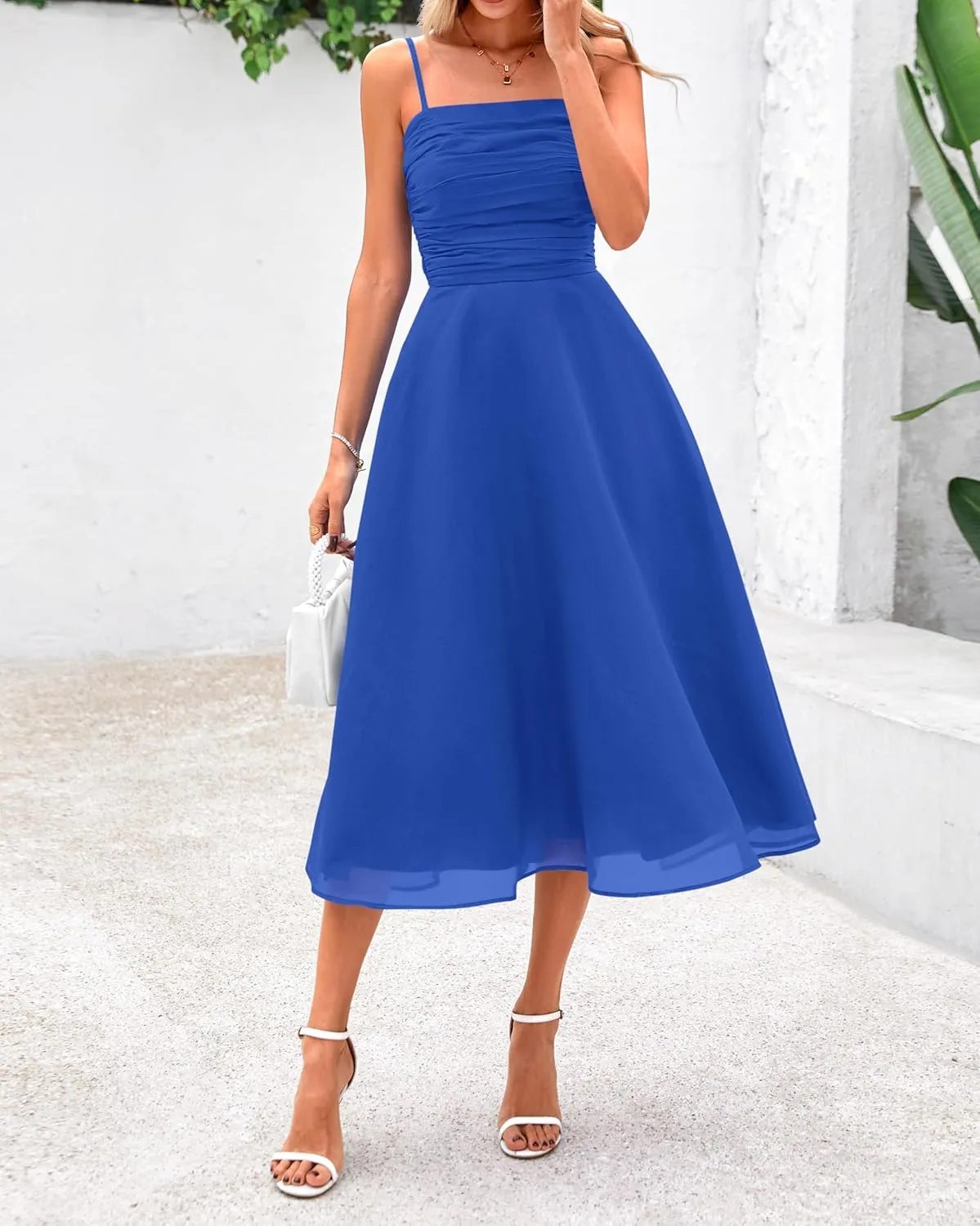 PRETTYGARDEN Womens Summer Dresses 2025 Spaghetti Strap Sleeveless Smocked Flowy Midi Wedding Guest Dress with Pockets