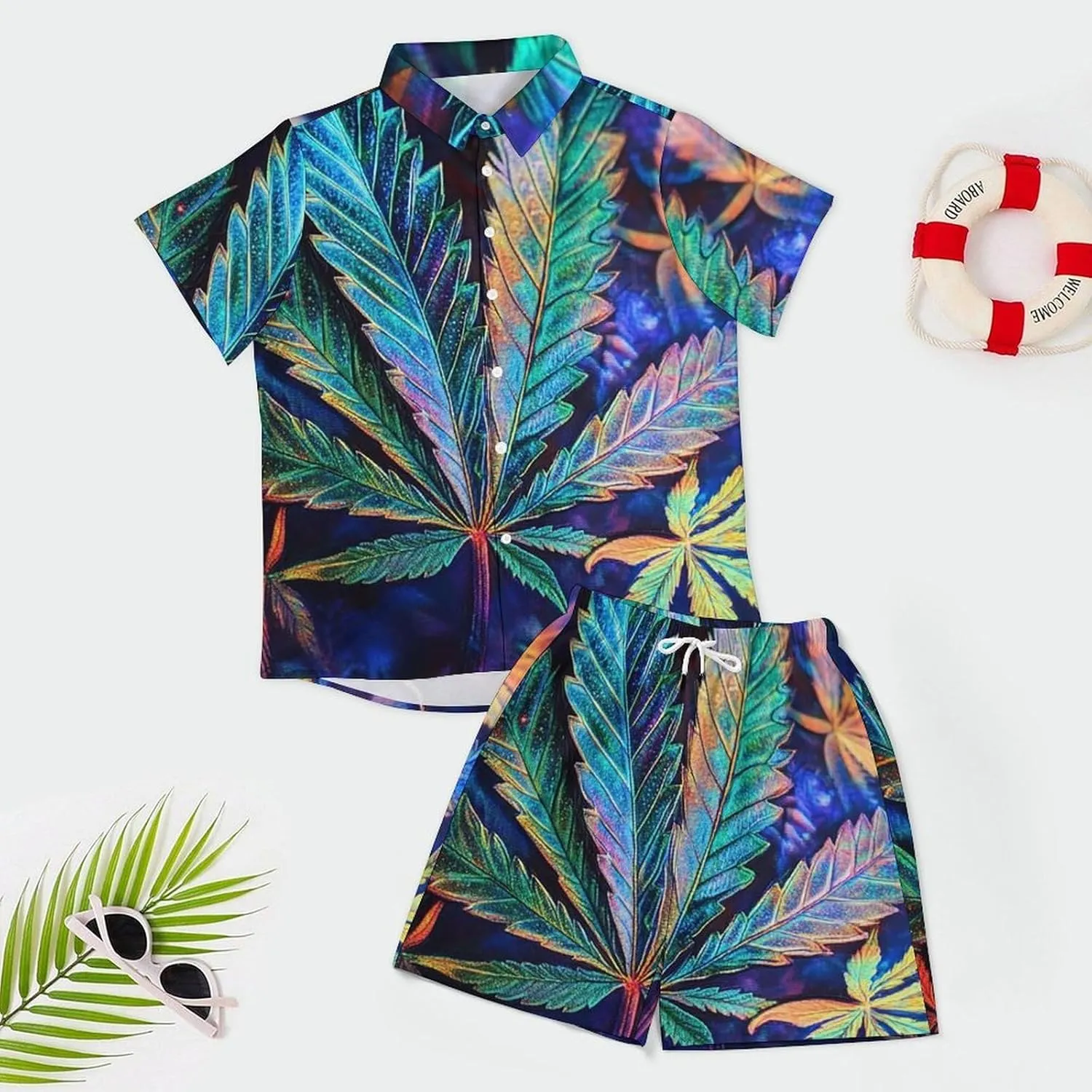 Psychedelic Bright Cannabis LeafsMen's Two-piece Casual Short-sleeved Shirt Summer Loose Vacation Suit