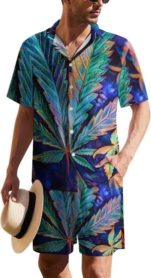 Psychedelic Bright Cannabis LeafsMen's Two-piece Casual Short-sleeved Shirt Summer Loose Vacation Suit