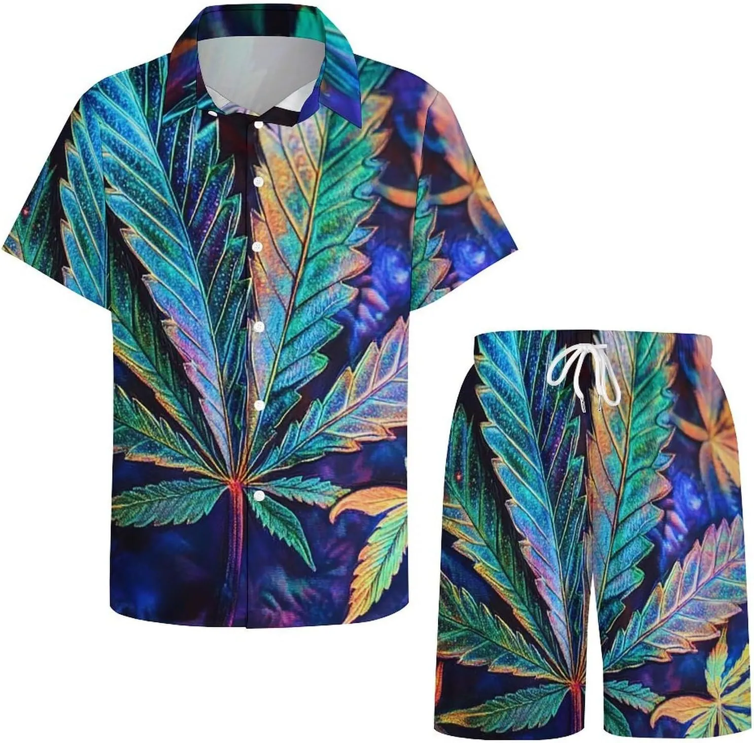 Psychedelic Bright Cannabis LeafsMen's Two-piece Casual Short-sleeved Shirt Summer Loose Vacation Suit