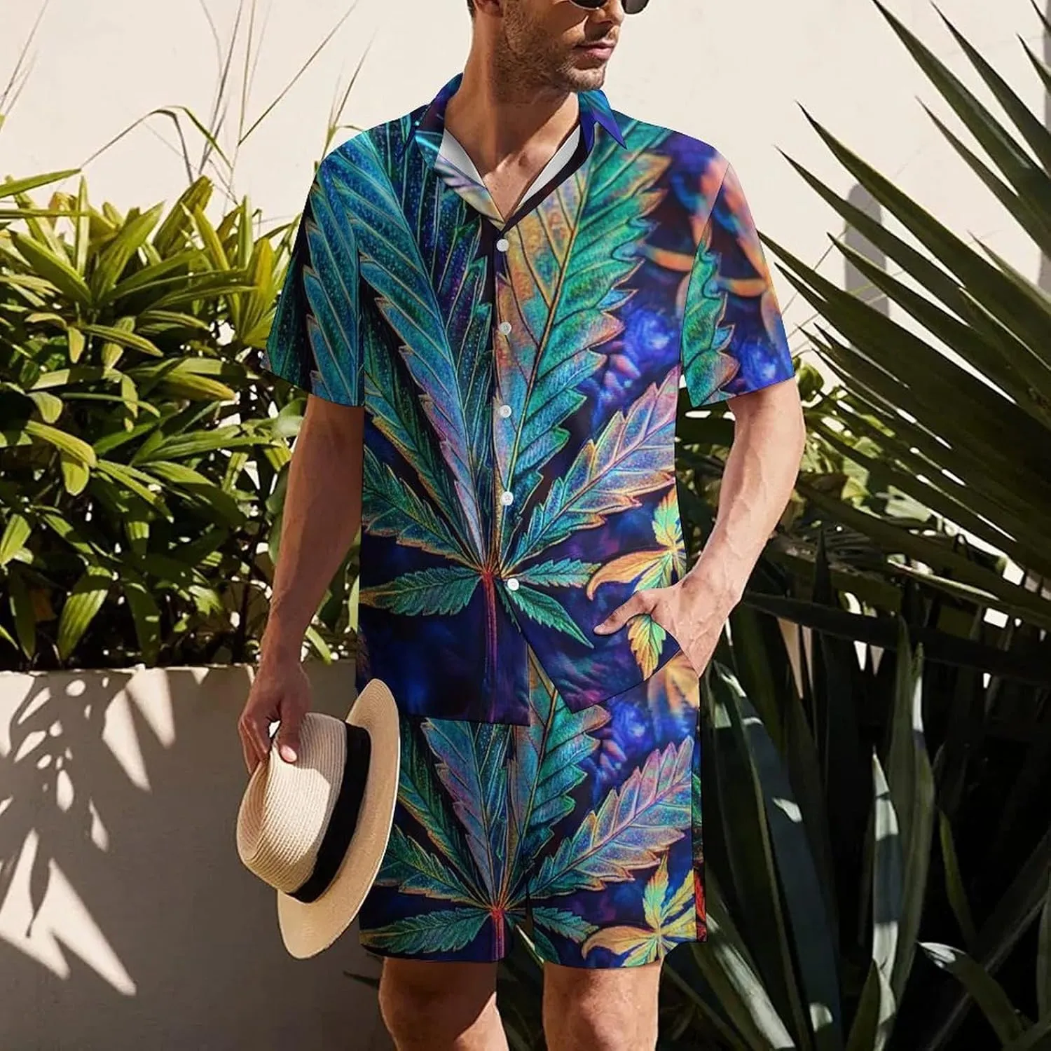 Psychedelic Bright Cannabis LeafsMen's Two-piece Casual Short-sleeved Shirt Summer Loose Vacation Suit