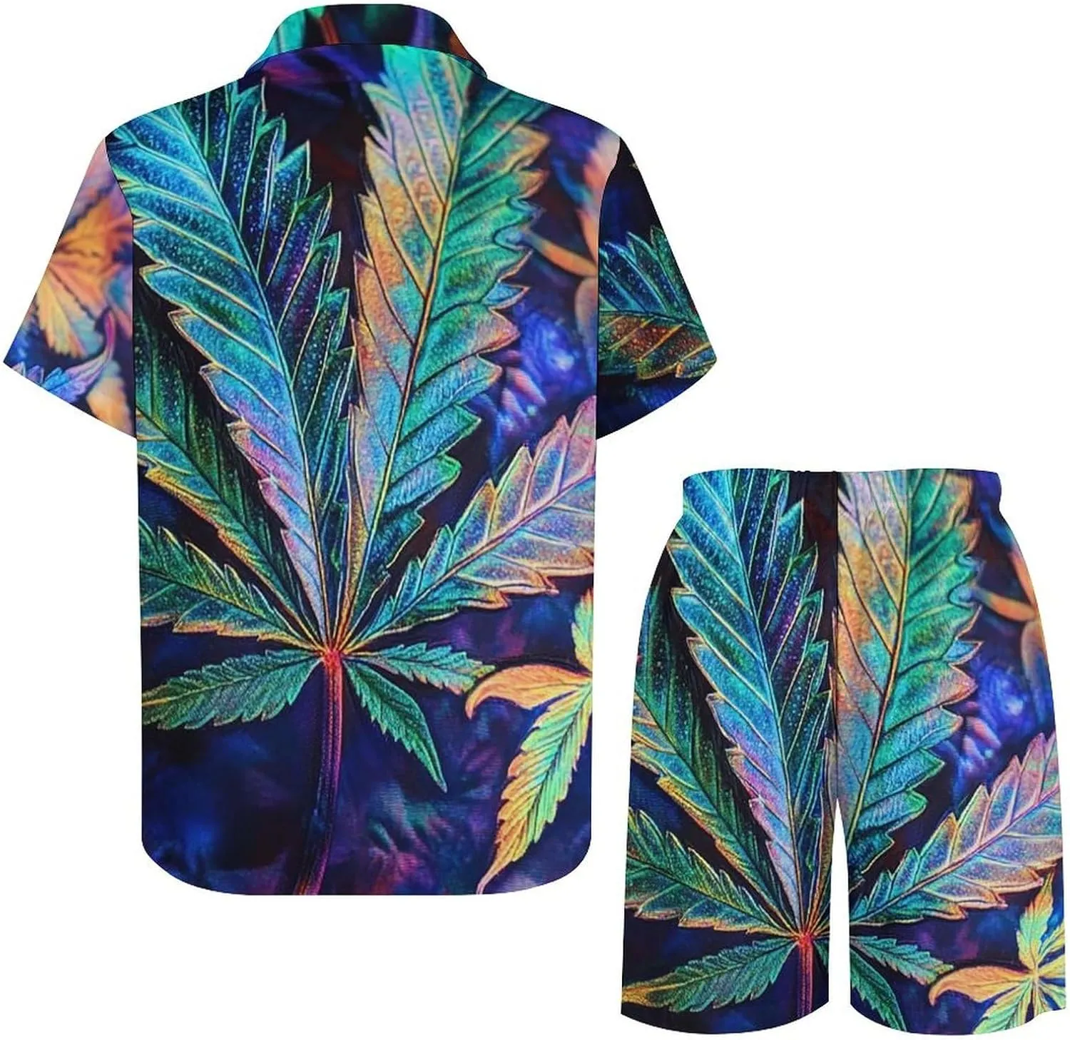 Psychedelic Bright Cannabis LeafsMen's Two-piece Casual Short-sleeved Shirt Summer Loose Vacation Suit