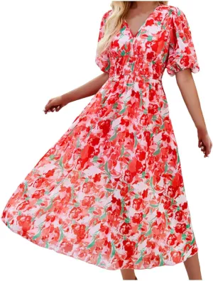PTOLOCIF Women Summer Dresses Short Sleeves V Neck Maxi Dresses Boho Long Dresses Casual Easter Dress Resort Wear