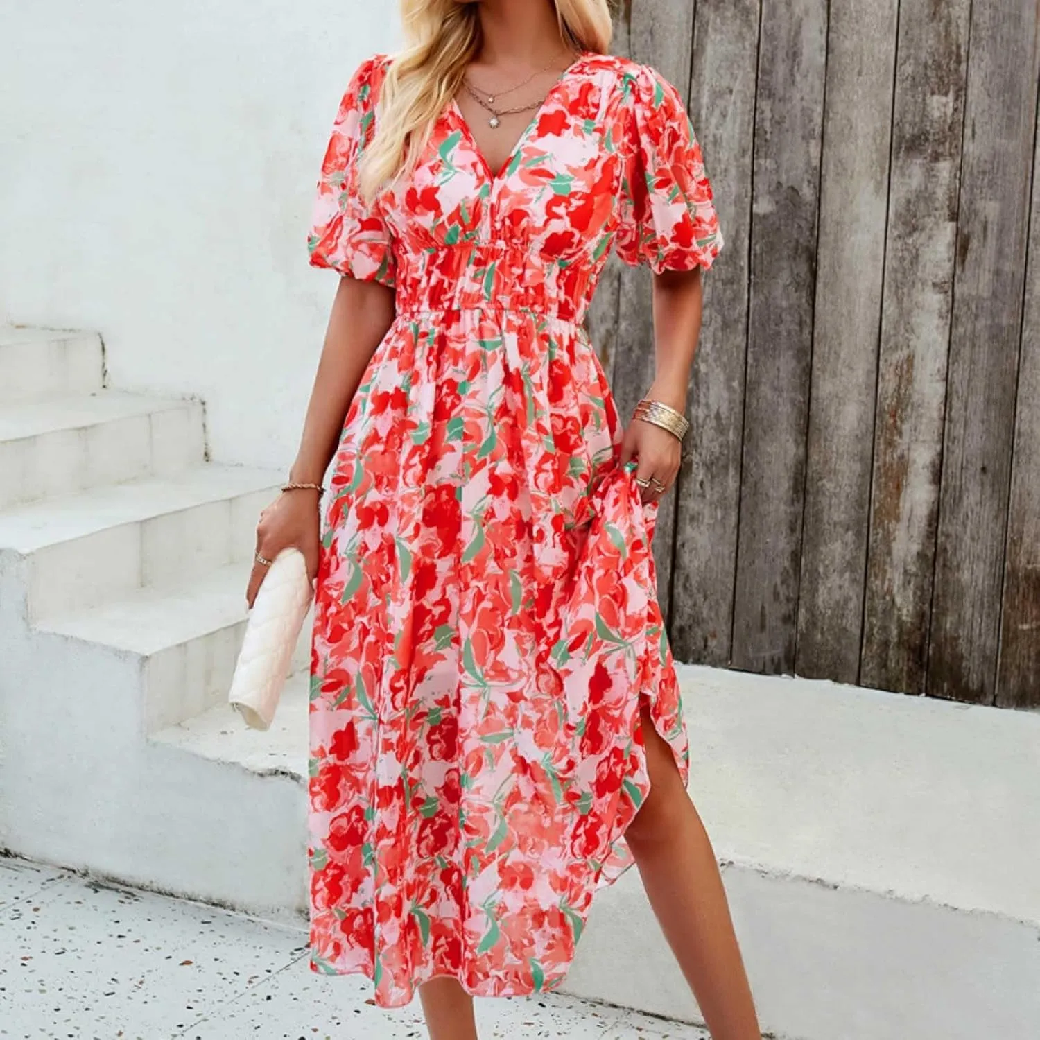 PTOLOCIF Women Summer Dresses Short Sleeves V Neck Maxi Dresses Boho Long Dresses Casual Easter Dress Resort Wear