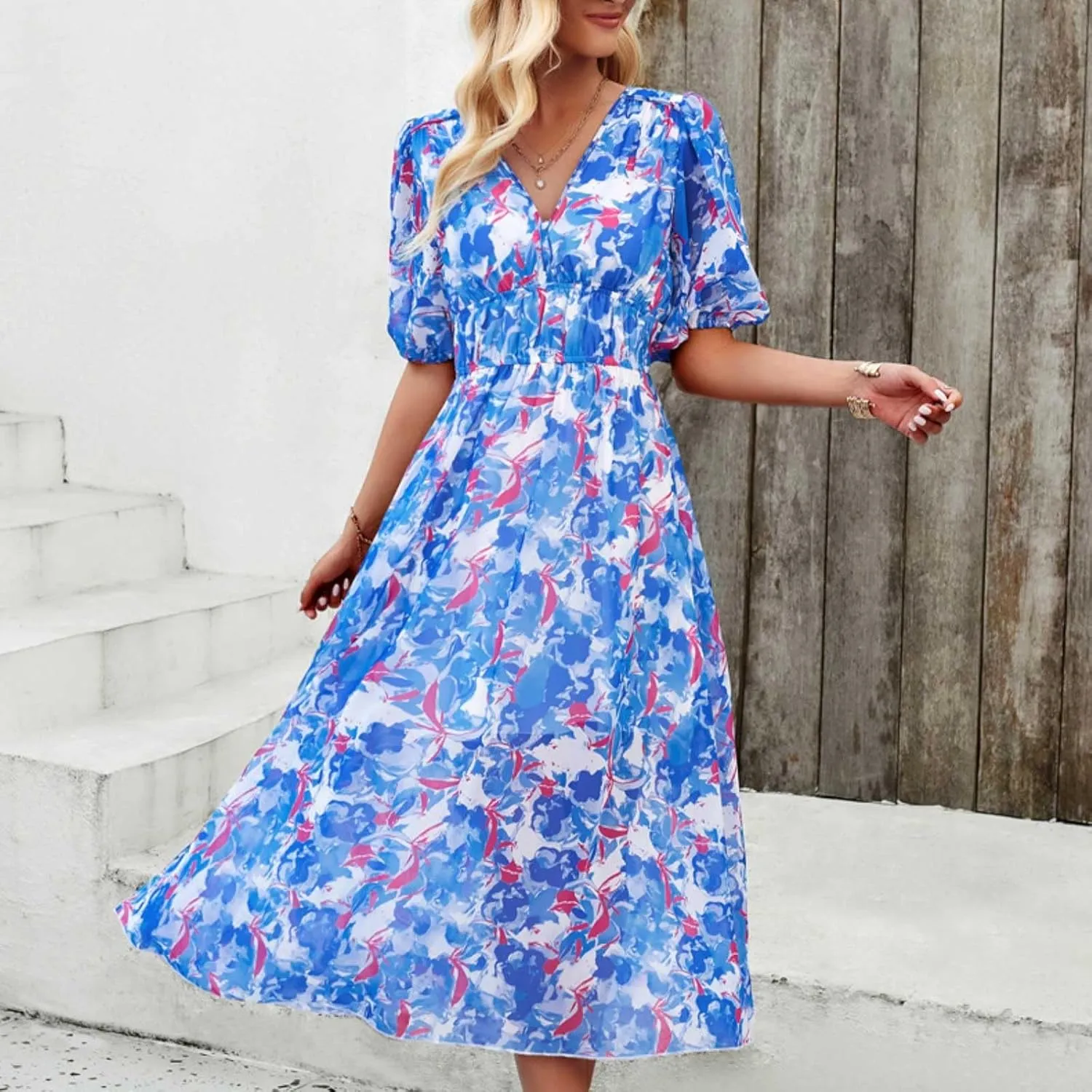 PTOLOCIF Women Summer Dresses Short Sleeves V Neck Maxi Dresses Boho Long Dresses Casual Easter Dress Resort Wear