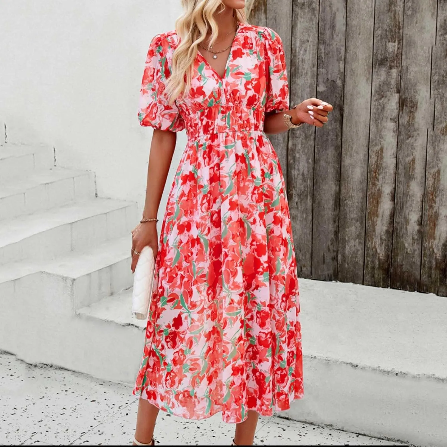 PTOLOCIF Women Summer Dresses Short Sleeves V Neck Maxi Dresses Boho Long Dresses Casual Easter Dress Resort Wear