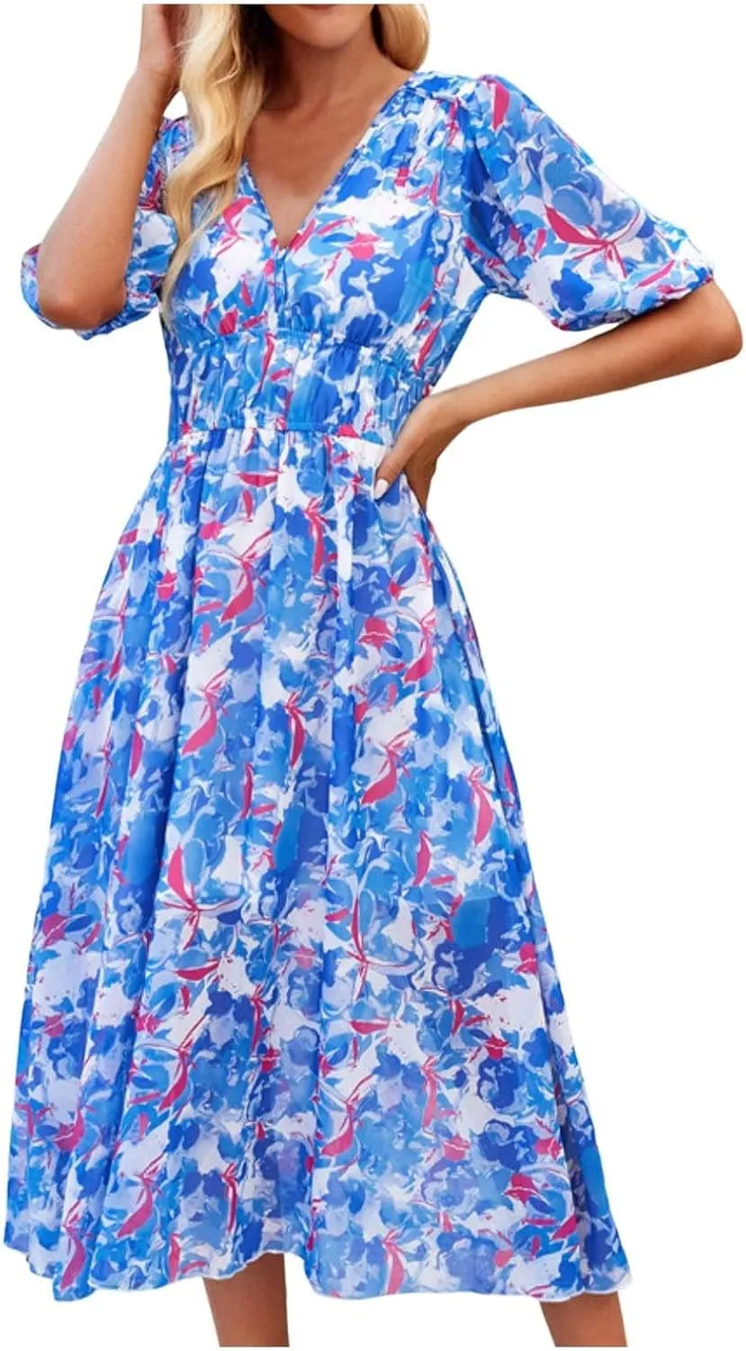PTOLOCIF Women Summer Dresses Short Sleeves V Neck Maxi Dresses Boho Long Dresses Casual Easter Dress Resort Wear