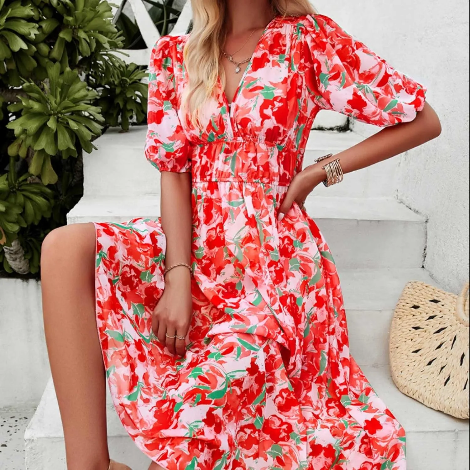 PTOLOCIF Women Summer Dresses Short Sleeves V Neck Maxi Dresses Boho Long Dresses Casual Easter Dress Resort Wear
