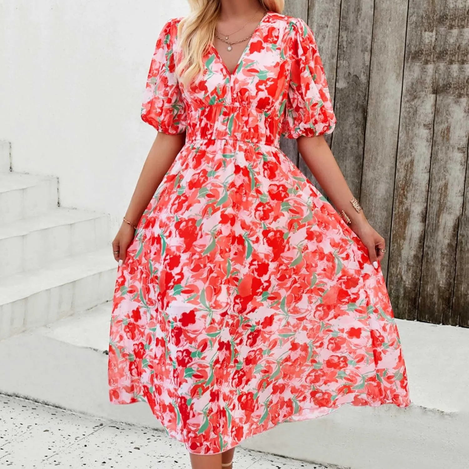 PTOLOCIF Women Summer Dresses Short Sleeves V Neck Maxi Dresses Boho Long Dresses Casual Easter Dress Resort Wear