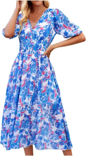 PTOLOCIF Women Summer Dresses Short Sleeves V Neck Maxi Dresses Boho Long Dresses Casual Easter Dress Resort Wear