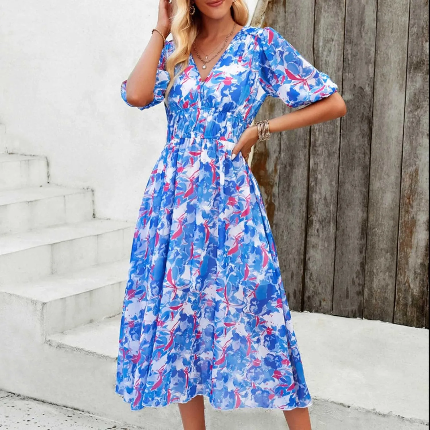 PTOLOCIF Women Summer Dresses Short Sleeves V Neck Maxi Dresses Boho Long Dresses Casual Easter Dress Resort Wear