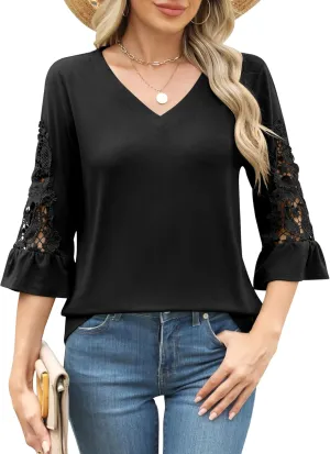 Rapbin 3/4 Length Sleeve Womens Tops Summer Lace Ruffles Sleeve T Shirts V-Neck Dressy Casual Trendy Tunic Blouses