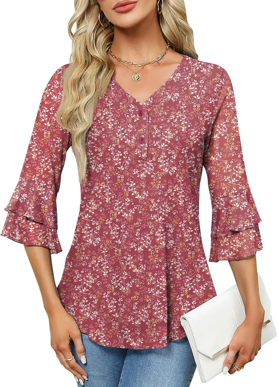 Rapbin Women Dressy Blouse 3/4 Sleeve Tiered Bell Sleeve Double Layers Mesh Shirt Trendy Flowy Tunic