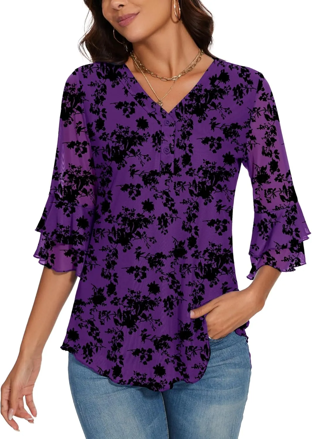 Rapbin Women Dressy Blouse 3/4 Sleeve Tiered Bell Sleeve Double Layers Mesh Shirt Trendy Flowy Tunic