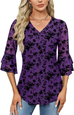Rapbin Women Dressy Blouse 3/4 Sleeve Tiered Bell Sleeve Double Layers Mesh Shirt Trendy Flowy Tunic