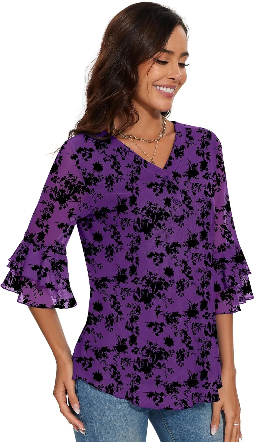 Rapbin Women Dressy Blouse 3/4 Sleeve Tiered Bell Sleeve Double Layers Mesh Shirt Trendy Flowy Tunic