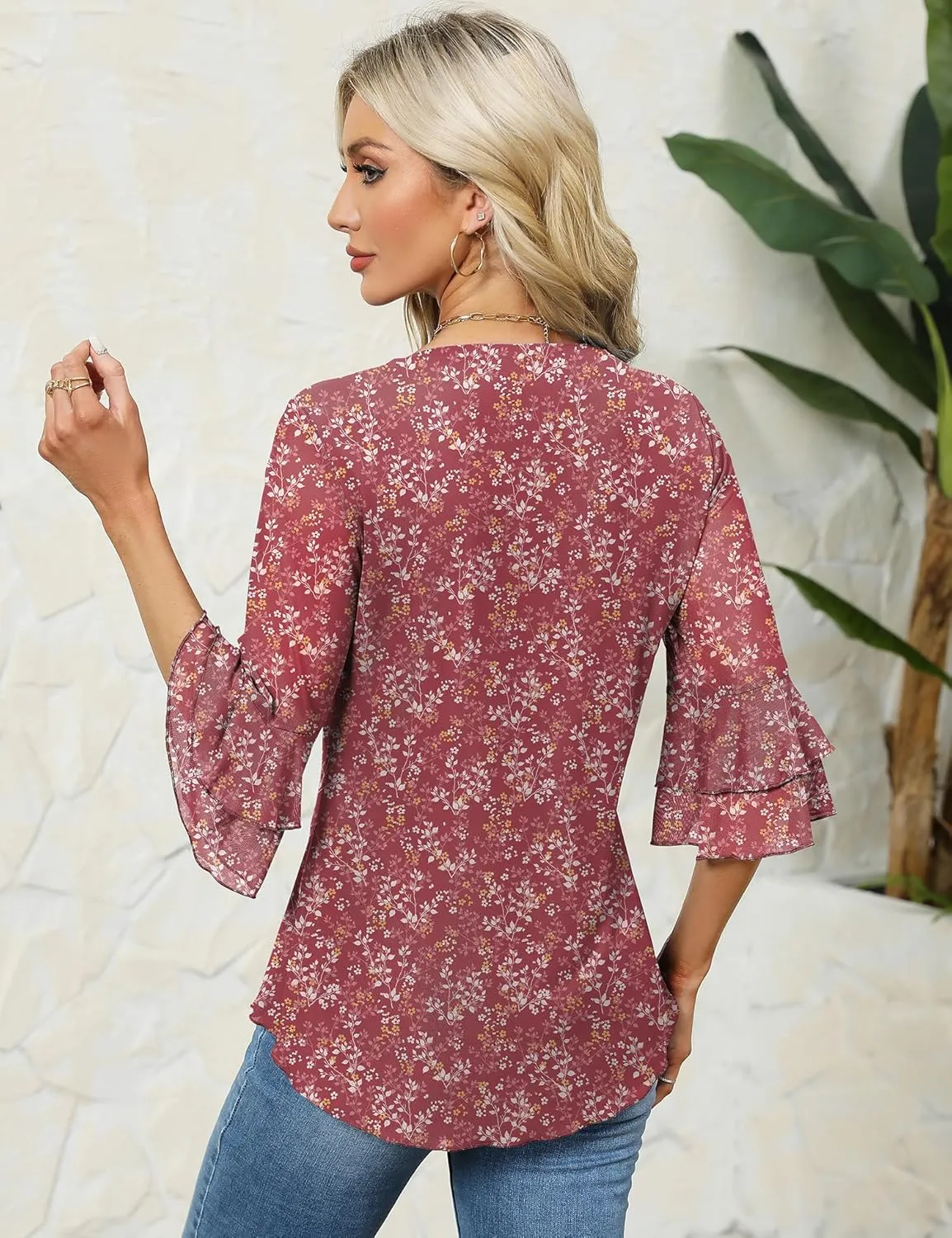 Rapbin Women Dressy Blouse 3/4 Sleeve Tiered Bell Sleeve Double Layers Mesh Shirt Trendy Flowy Tunic