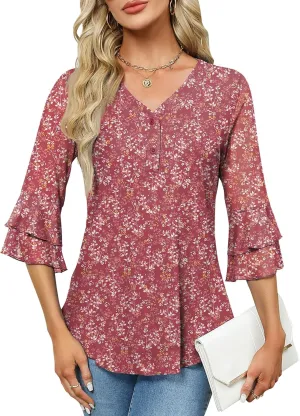 Rapbin Women Dressy Blouse 3/4 Sleeve Tiered Bell Sleeve Double Layers Mesh Shirt Trendy Flowy Tunic