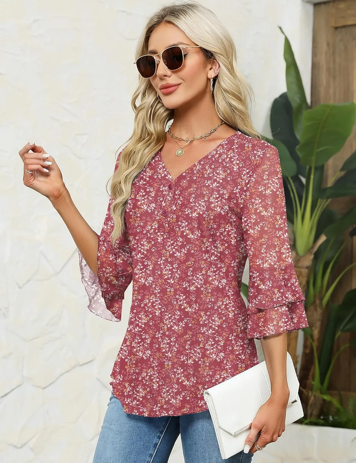 Rapbin Women Dressy Blouse 3/4 Sleeve Tiered Bell Sleeve Double Layers Mesh Shirt Trendy Flowy Tunic