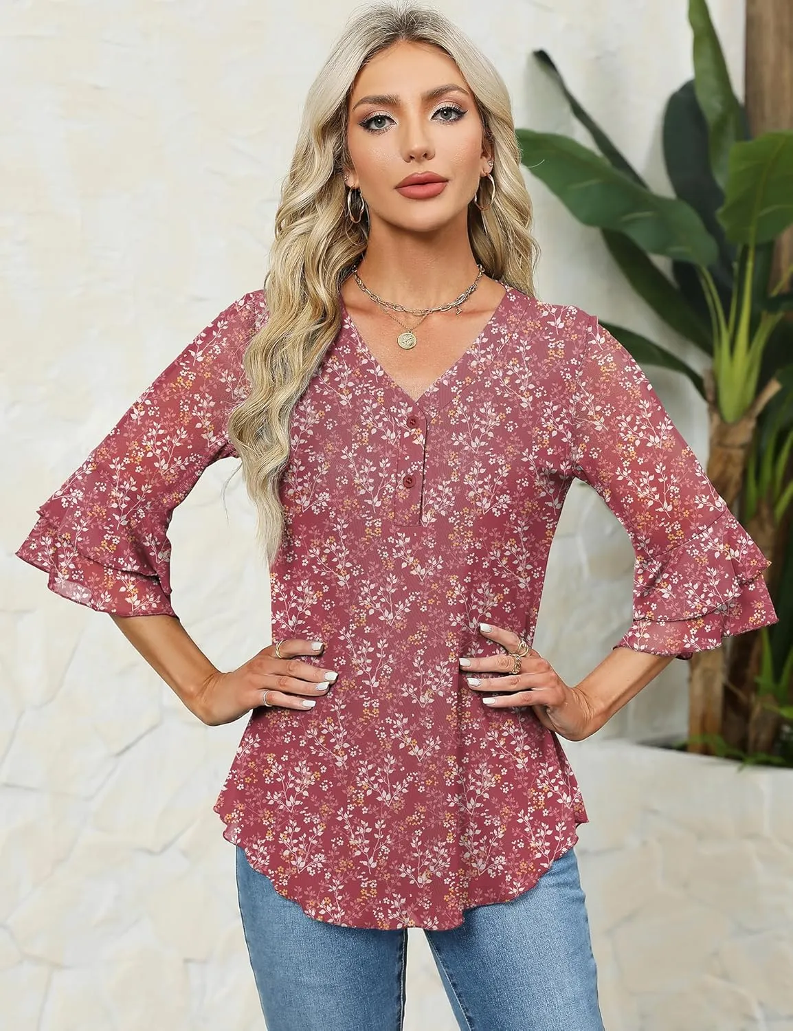 Rapbin Women Dressy Blouse 3/4 Sleeve Tiered Bell Sleeve Double Layers Mesh Shirt Trendy Flowy Tunic