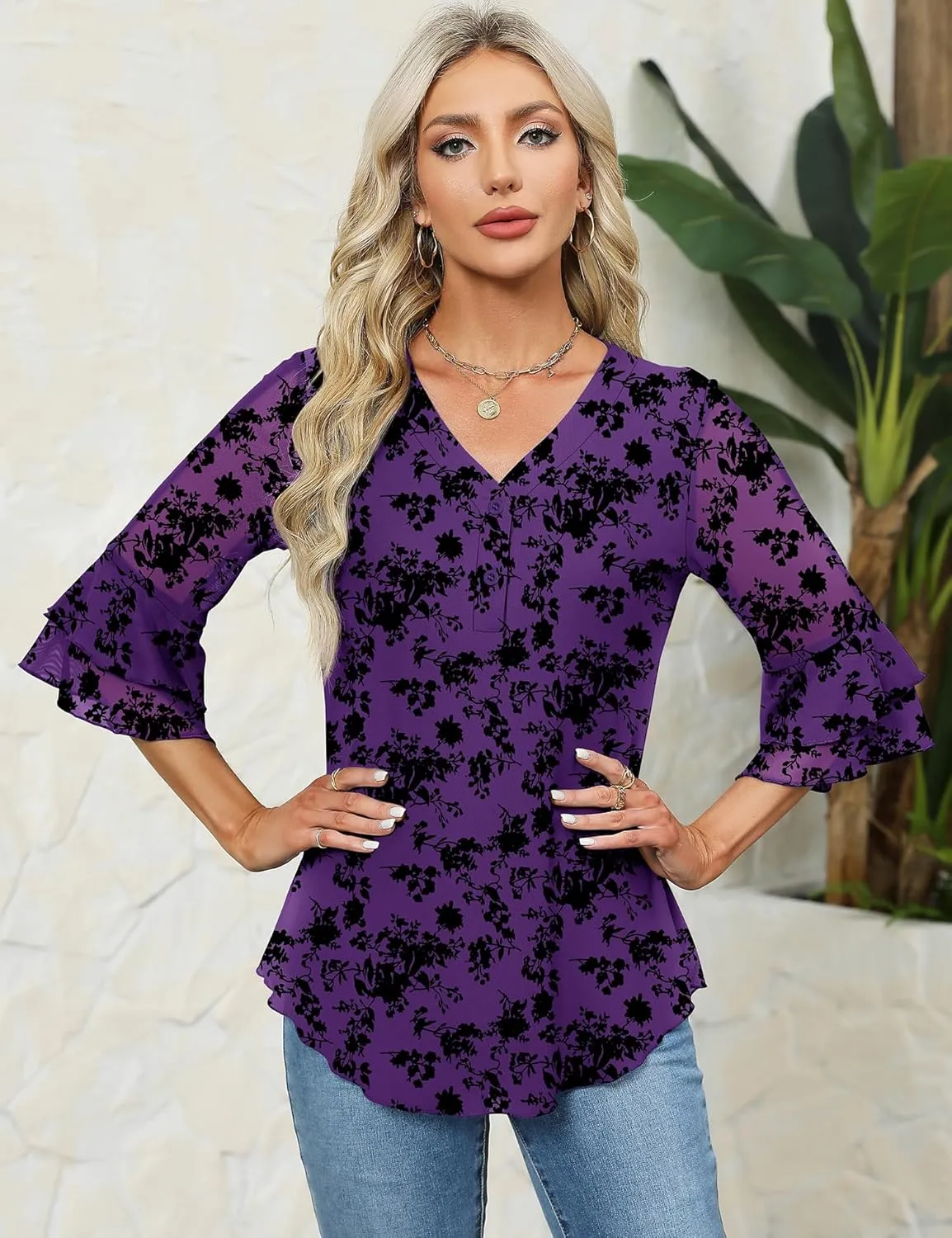 Rapbin Women Dressy Blouse 3/4 Sleeve Tiered Bell Sleeve Double Layers Mesh Shirt Trendy Flowy Tunic