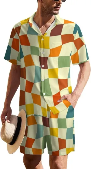 Retro 70s ChessboardMen's Two-piece Casual Short-sleeved Shirt Summer Loose Vacation Suit