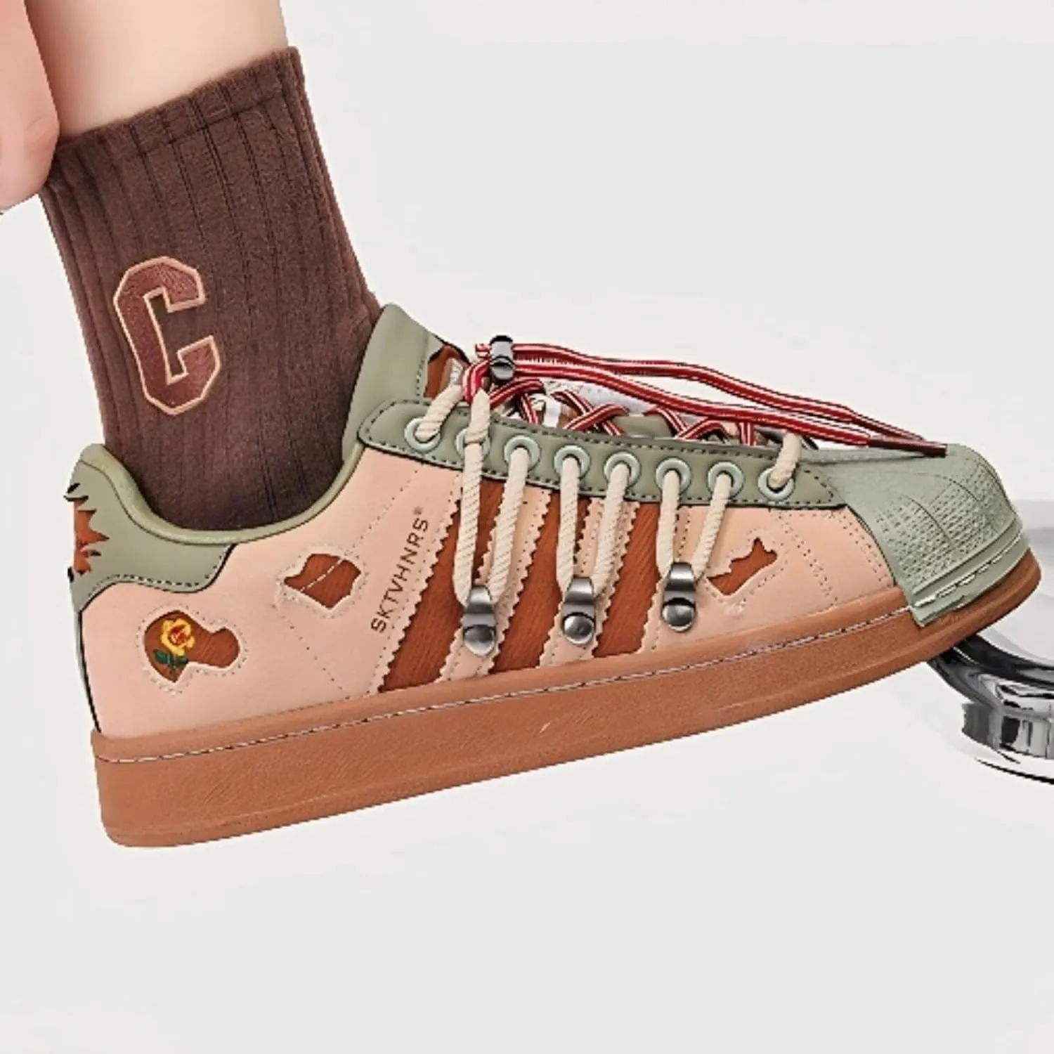 Retro Fashion Chunky Platform Sneakers for Women Trendy Casual Aesthetic Skateboard Shoes Camo Green Brown Suede