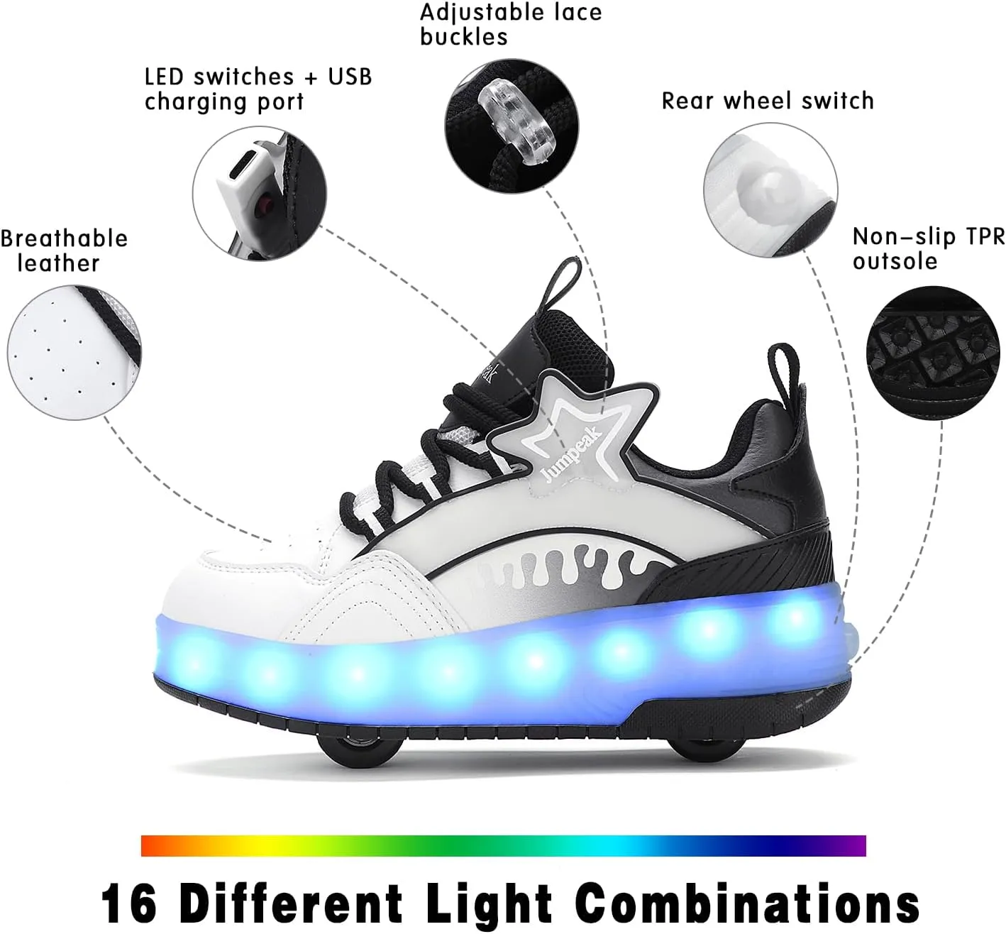 Roller Shoes with 16 LED Combinations for Girls Boys Roller Sneakers with 2-Wheels USB Rechargeable for Christmas Birthday Children Party Show Gift