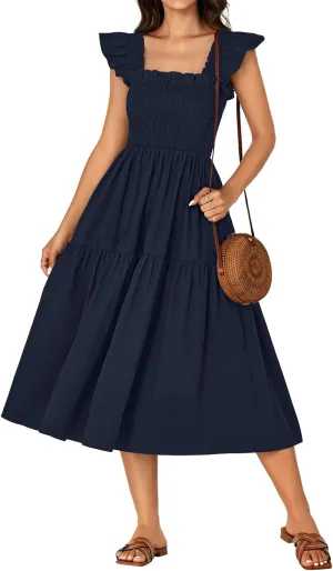 Rooscier Women's Square Neck Smocked Ruffle Sleeveless Backless Sundress A Line Midi Dress
