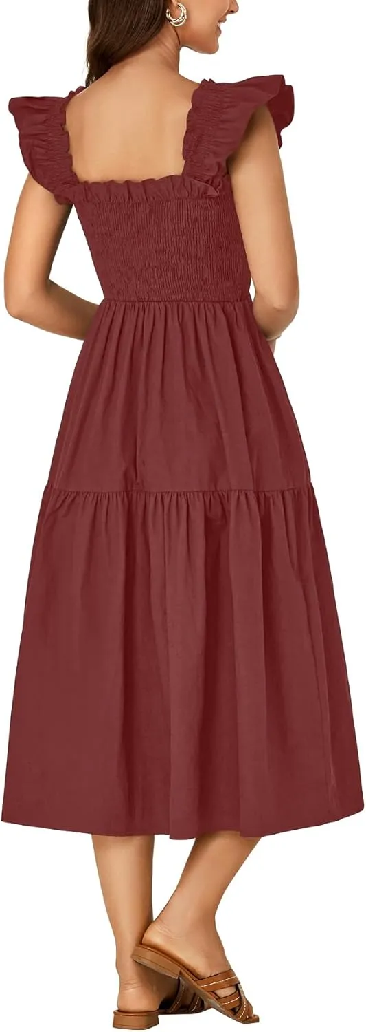 Rooscier Women's Square Neck Smocked Ruffle Sleeveless Backless Sundress A Line Midi Dress