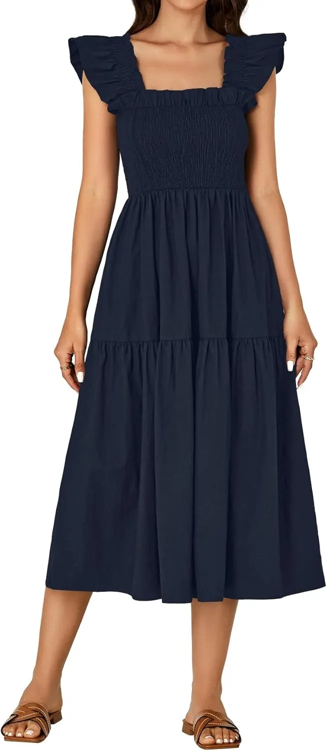 Rooscier Women's Square Neck Smocked Ruffle Sleeveless Backless Sundress A Line Midi Dress