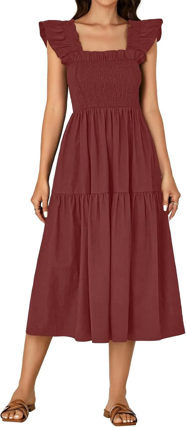 Rooscier Women's Square Neck Smocked Ruffle Sleeveless Backless Sundress A Line Midi Dress