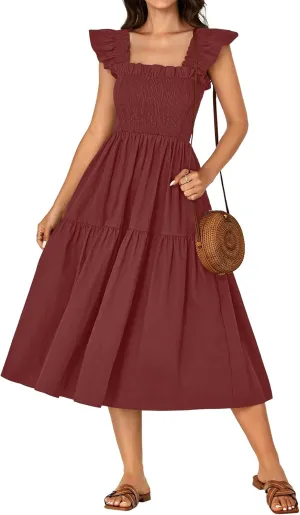 Rooscier Women's Square Neck Smocked Ruffle Sleeveless Backless Sundress A Line Midi Dress