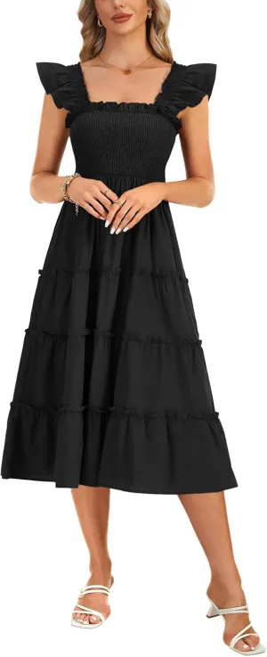Rooscier Women's Square Neck Smocked Ruffle Sleeveless Sundress Tiered A Line Midi Dress