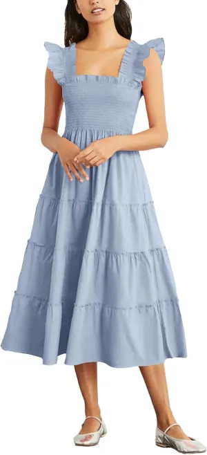Rooscier Women's Square Neck Smocked Ruffle Sleeveless Sundress Tiered A Line Midi Dress