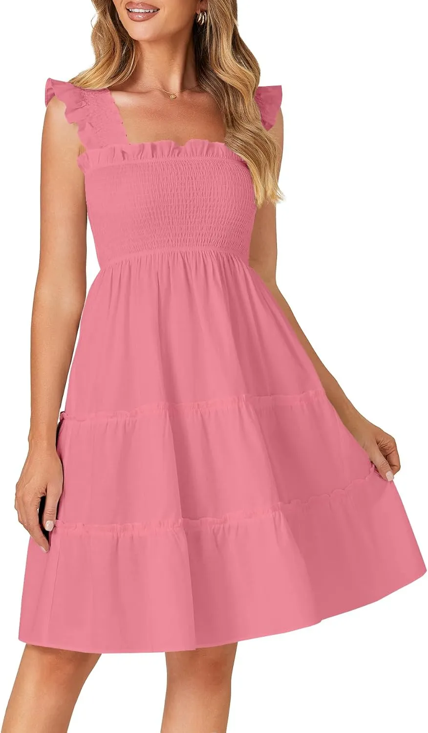 Rooscier Women's Square Neck Smocked Ruffle Sleeveless Tiered A Line Sundress Mini Dress