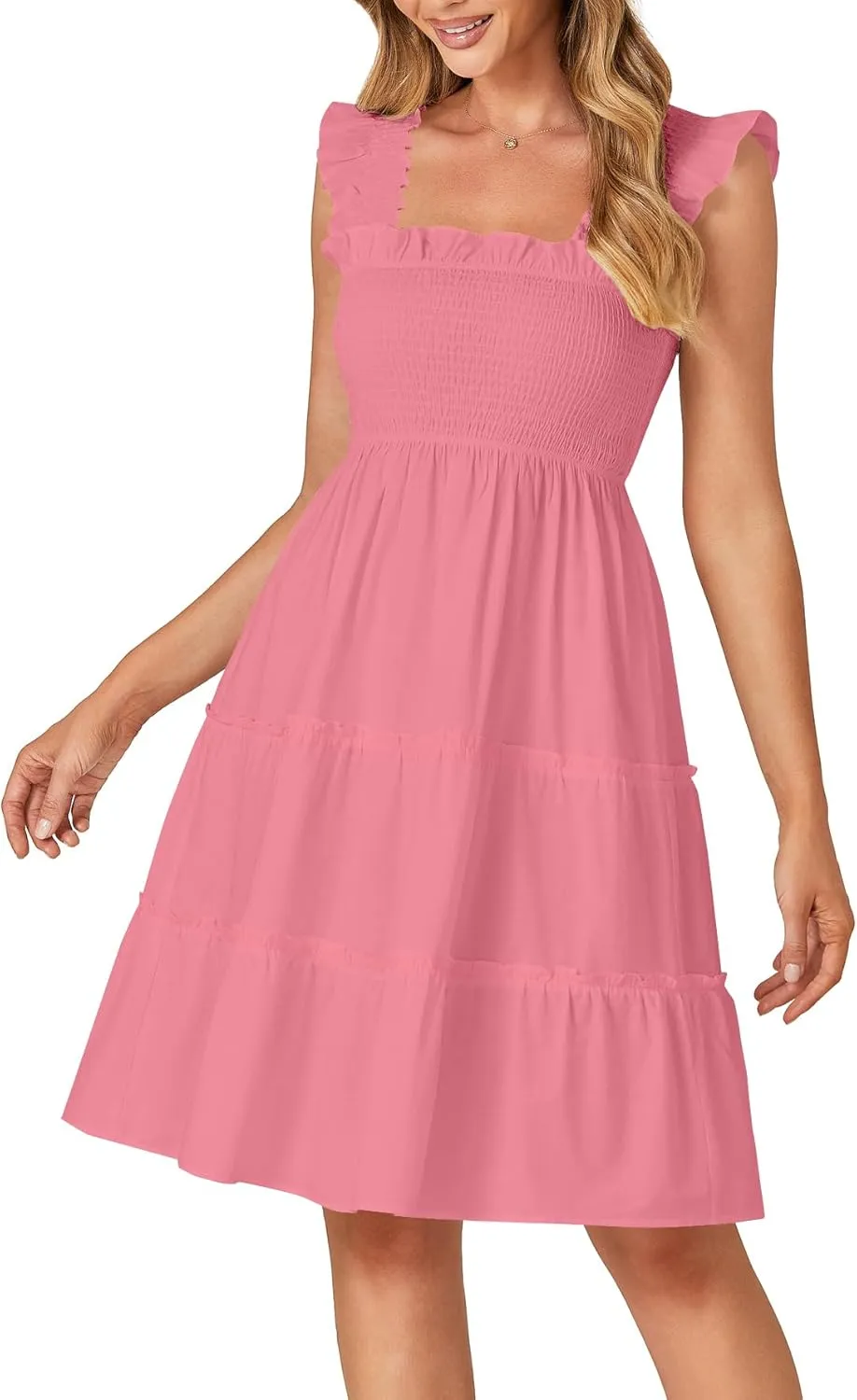 Rooscier Women's Square Neck Smocked Ruffle Sleeveless Tiered A Line Sundress Mini Dress