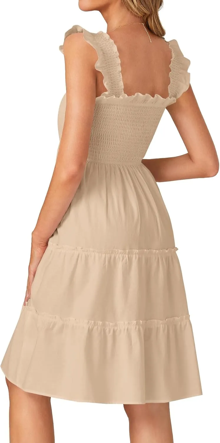 Rooscier Women's Square Neck Smocked Ruffle Sleeveless Tiered A Line Sundress Mini Dress