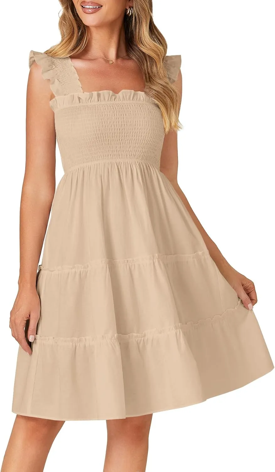 Rooscier Women's Square Neck Smocked Ruffle Sleeveless Tiered A Line Sundress Mini Dress
