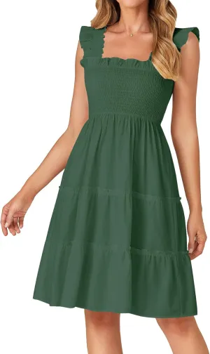 Rooscier Women's Square Neck Smocked Ruffle Sleeveless Tiered A Line Sundress Mini Dress